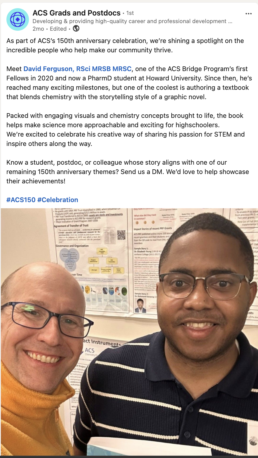 ACS Grads and Postdocs LinkedIn post spotlighting David Ferguson as an ACS Bridge Program Fellow, with a photo of David and an ACS representative