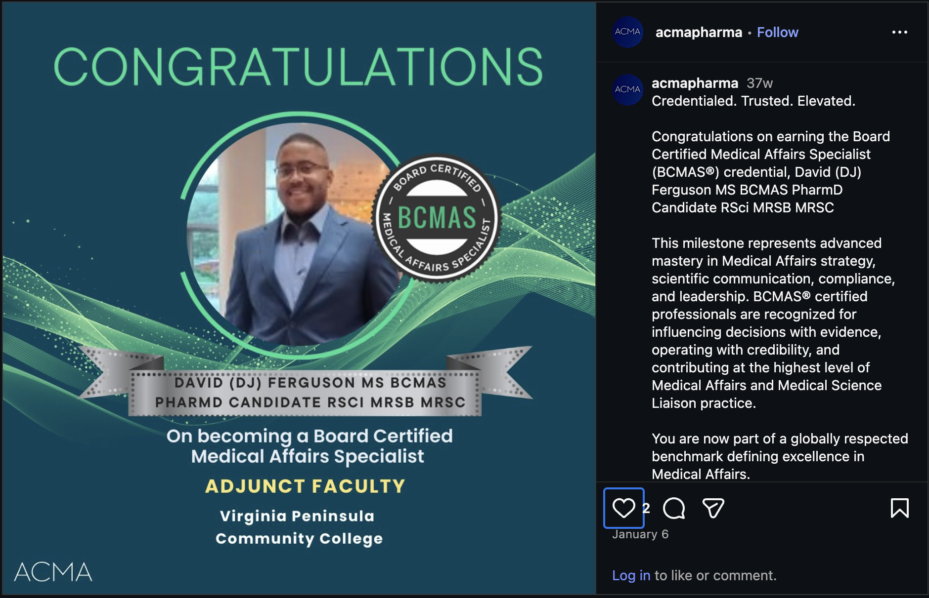 ACMA Instagram post congratulating David (DJ) Ferguson on earning the BCMAS credential