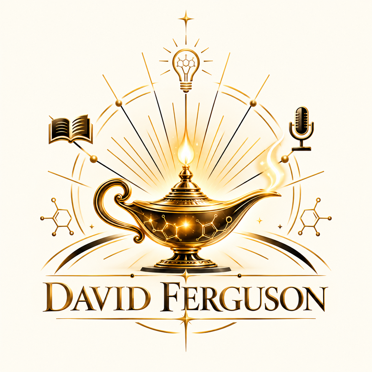 David Ferguson emblem — a chemist's lamp with a molecular flame, flanked by a book and a microphone