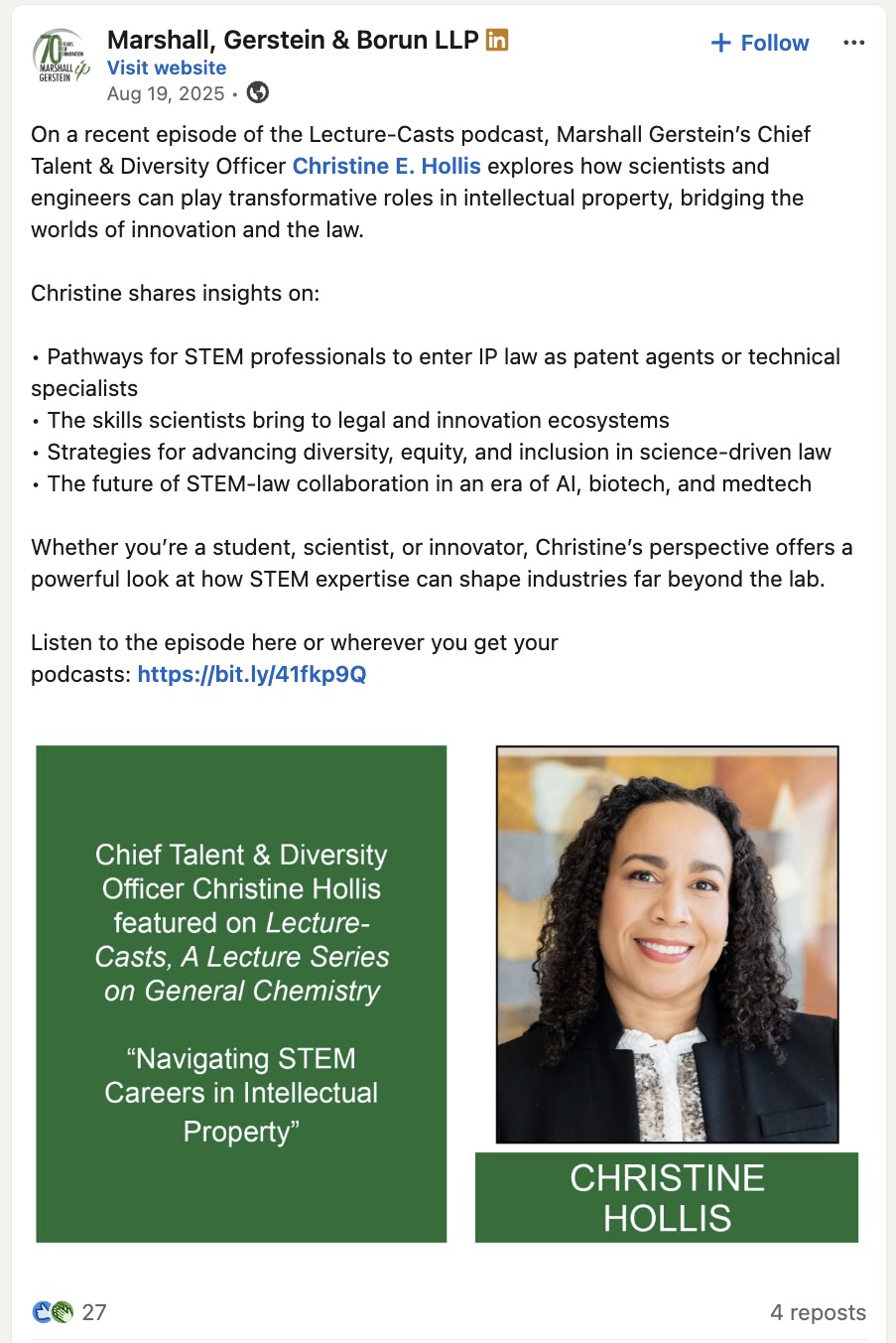 LinkedIn post from Marshall, Gerstein & Borun LLP spotlighting Christine Hollis's podcast appearance, dated August 19, 2025