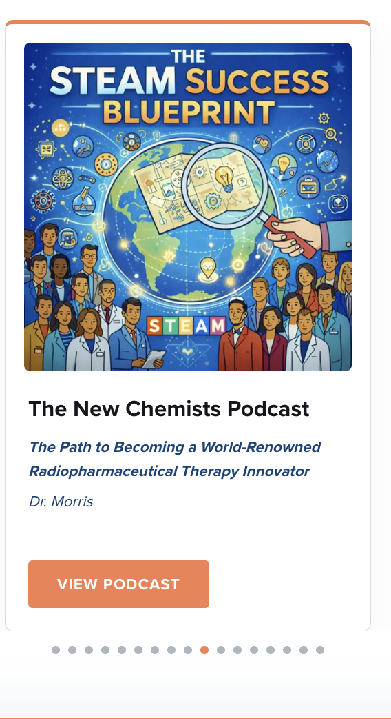 Podcast directory card for The New Chemist's Podcast episode on radiopharmaceutical therapy innovation with Dr. Morris