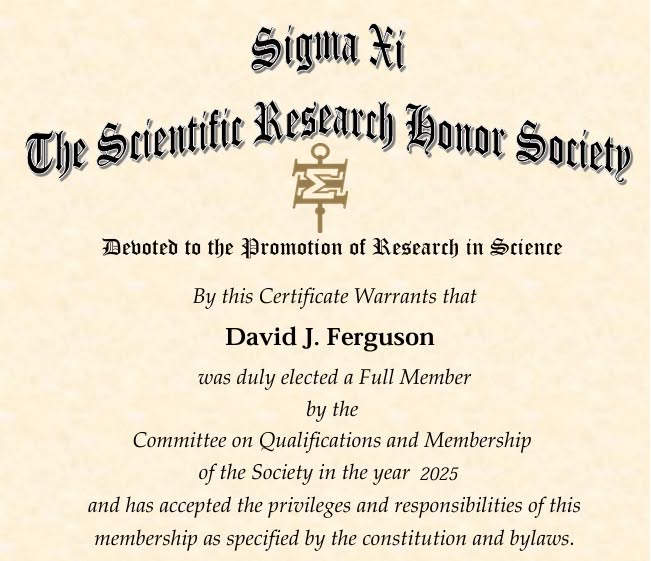 Sigma Xi certificate electing David J. Ferguson a Full Member in 2025