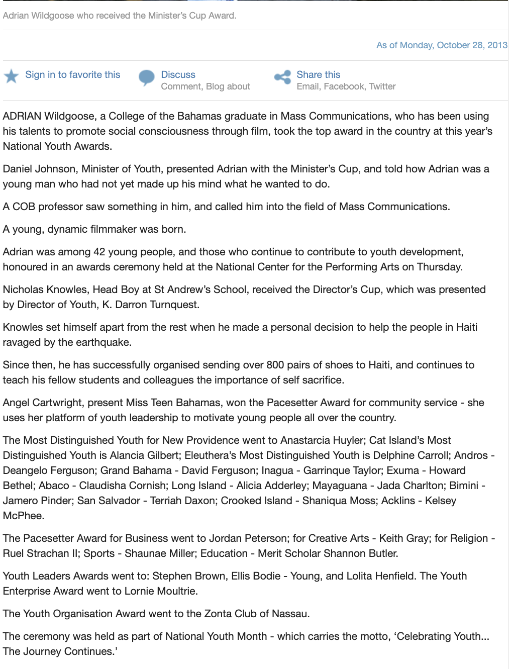 The Tribune (Bahamas) coverage of the 2013 National Youth Awards naming David Ferguson Grand Bahama's Most Distinguished Youth